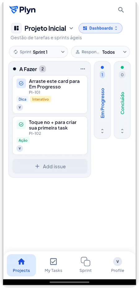 Tela do quadro Kanban do Plynep, com tarefas distribuídas por colunas