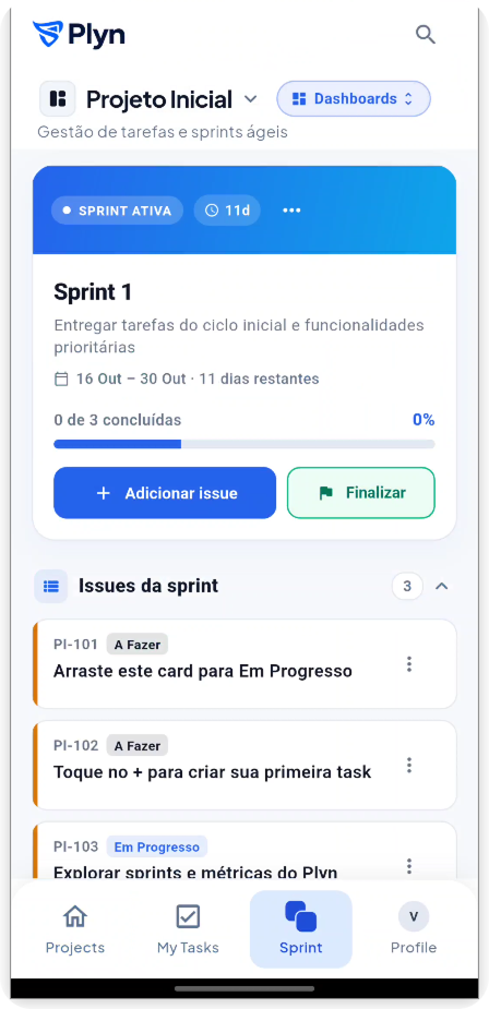 Tela de sprint do Plynep com tarefas e progresso